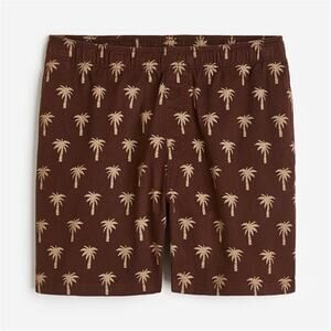 H&M Relaxed Fit Cotton Shorts Brown Palm Trees Drawstring Elastic Waist